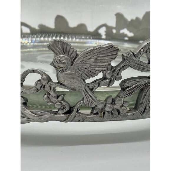 Birds & Pinecones Pewter Glass Large 9” Footed Bowl Centerpiece Votive Nature - Picture 5 of 12